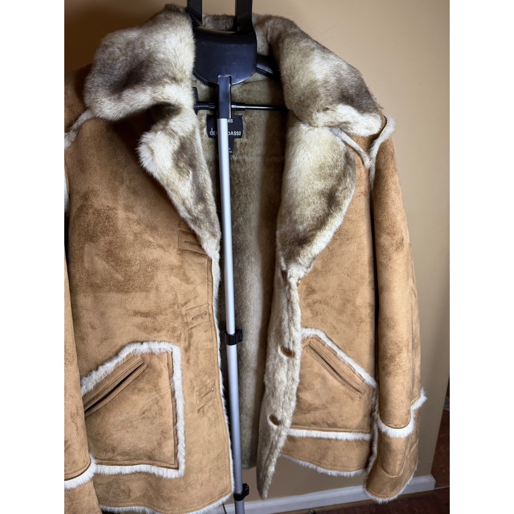 Dennis by Dennis Basso Faux Suede Shearling Jacket Tan Faux Fur Coat Womens L